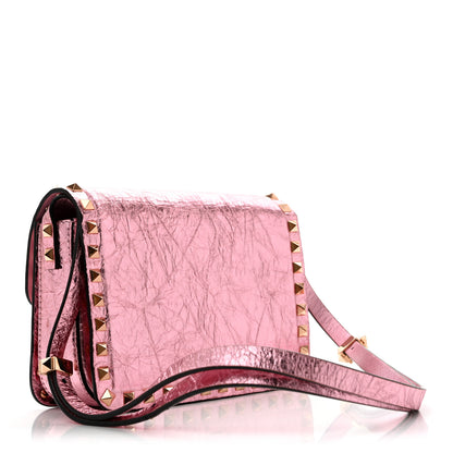 Valentino Garavani Metallic Crackle Effect Calfskin Rockstud Flip Lock Shoulder Bag Rose Cannelle 3 of 12