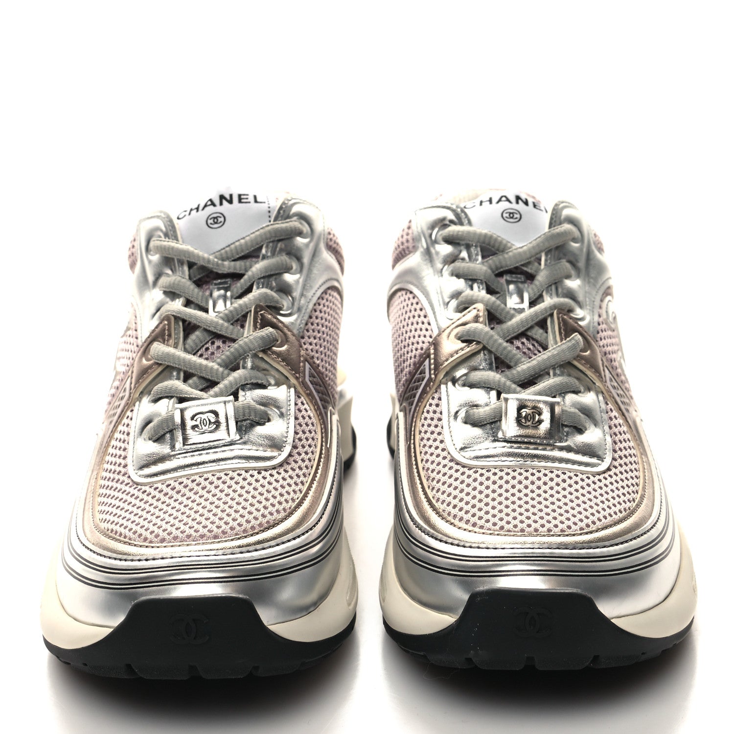 Chanel Fabric Laminated Calfskin Stretch CC Womens Sneakers 41 White Silver 2 of 9