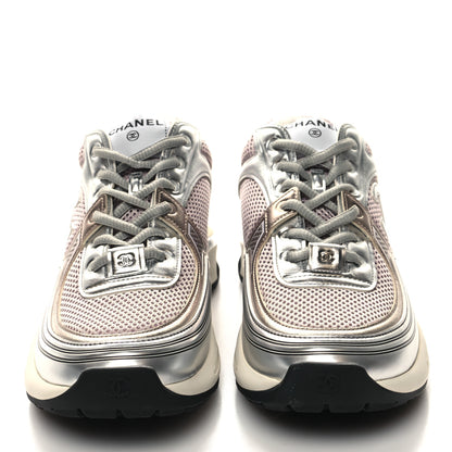 Chanel Fabric Laminated Calfskin Stretch CC Womens Sneakers 41 White Silver 2 of 9