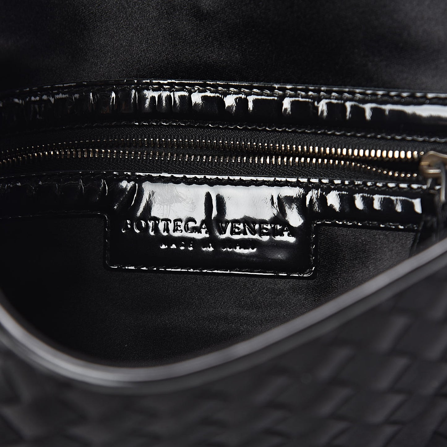Satin Patent Intrecciato Flap Clutch Black