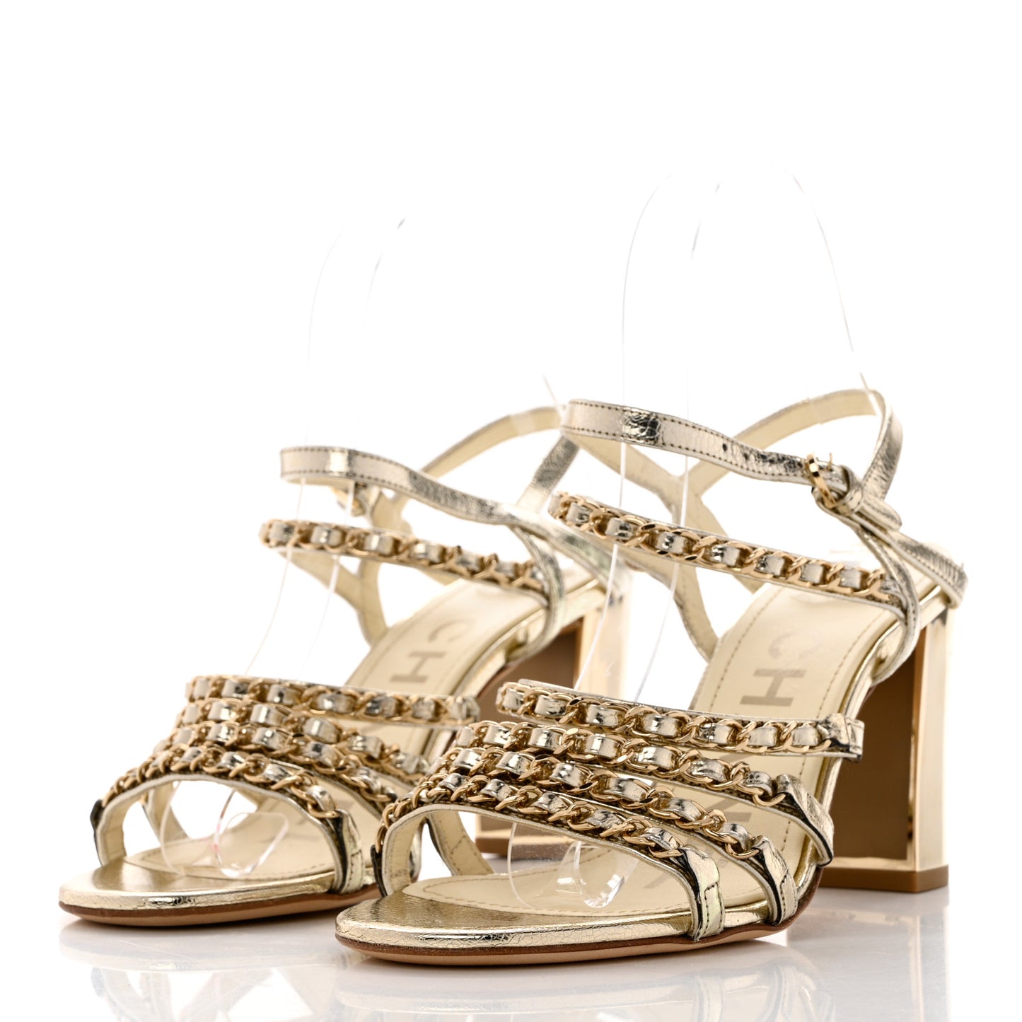 Lame Goatskin Chain Sandals 37 Gold