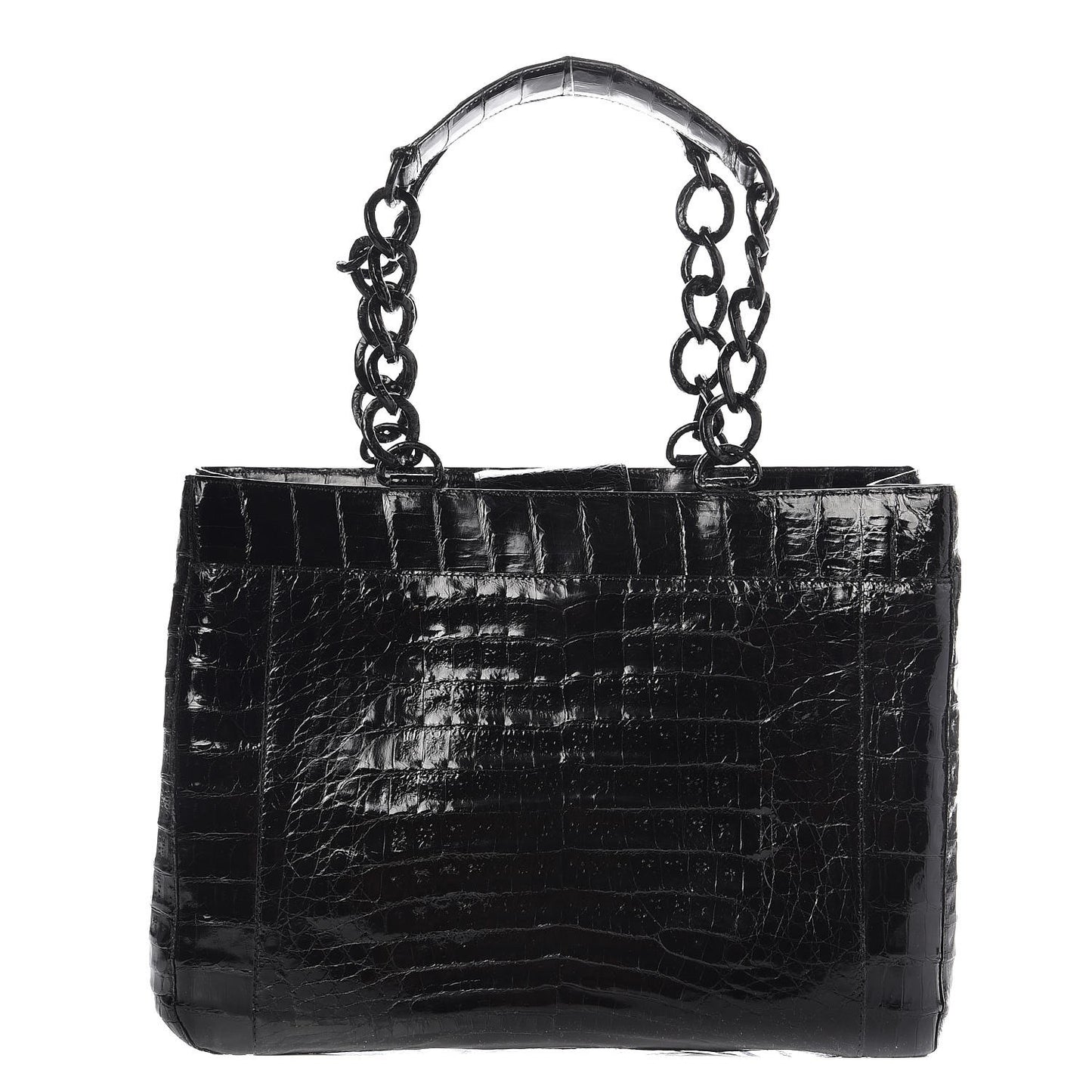 Glossy Crocodile Chain Tote Black