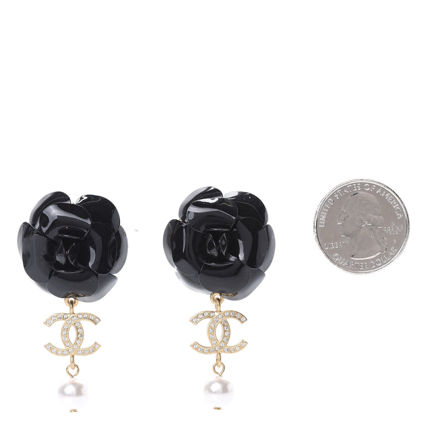 Enamel Crystal Pearl CC Camellia Drop Earrings Black Gold