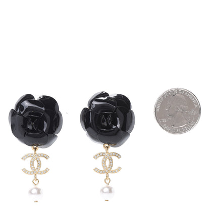 Chanel Enamel Crystal Pearl CC Camellia Drop Earrings Black Gold 2 of 5
