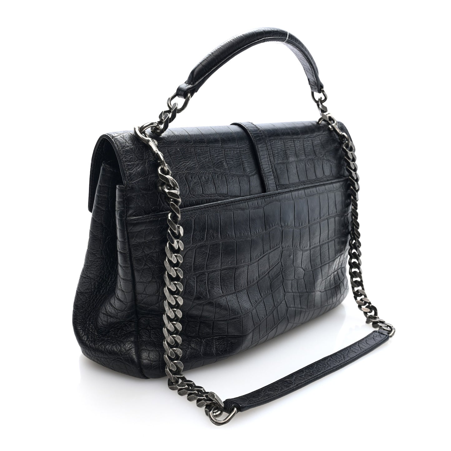 Calfskin Crocodile Embossed Large College Monogram Satchel Black