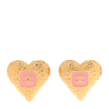 Chanel Metal Resin CC Heart Earrings Gold Pink 1 of 5