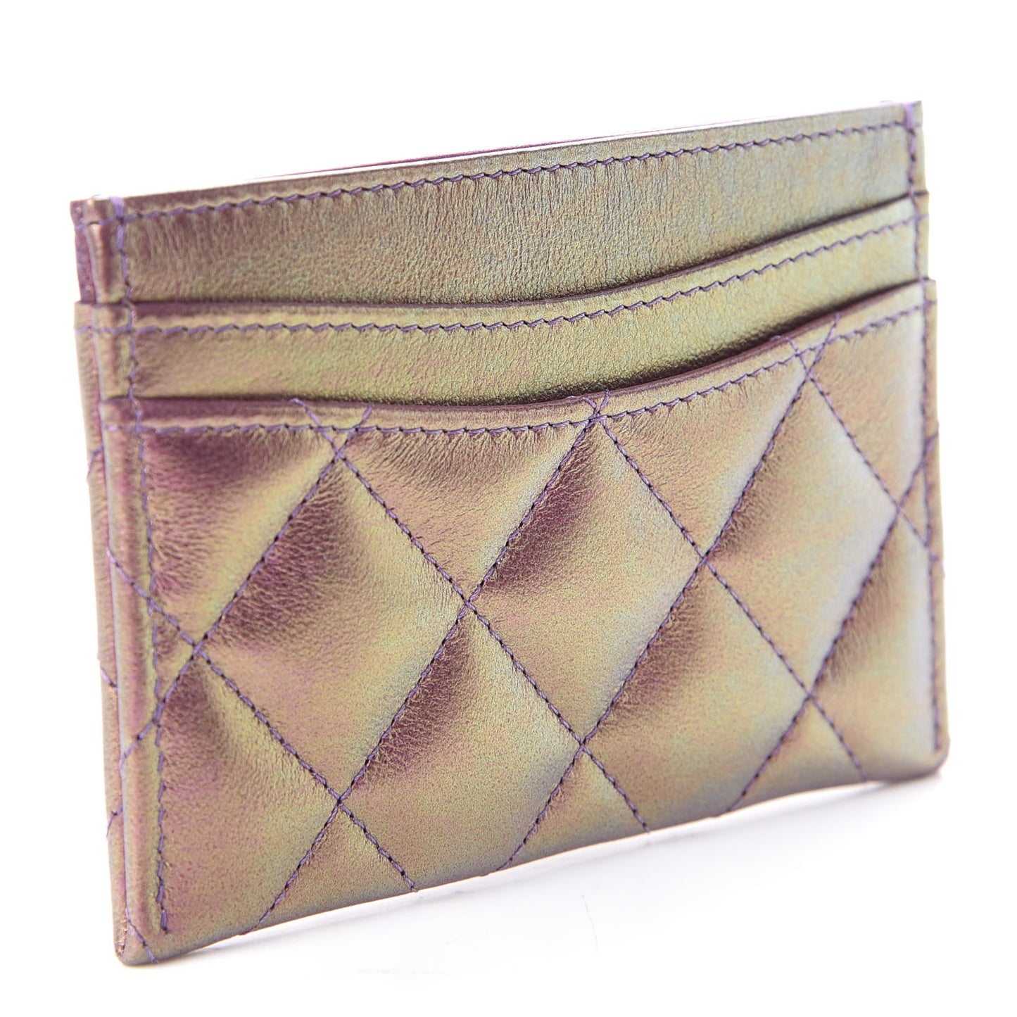 Iridescent Lambskin Quilted Card Holder Purple