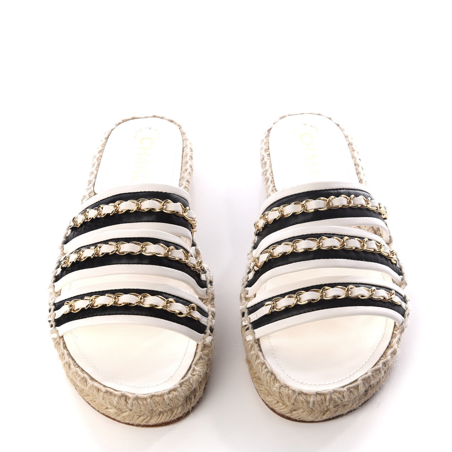 Chanel Lambskin Chain Espadrille Slip On Sandals 36 Black White 10 of 11
