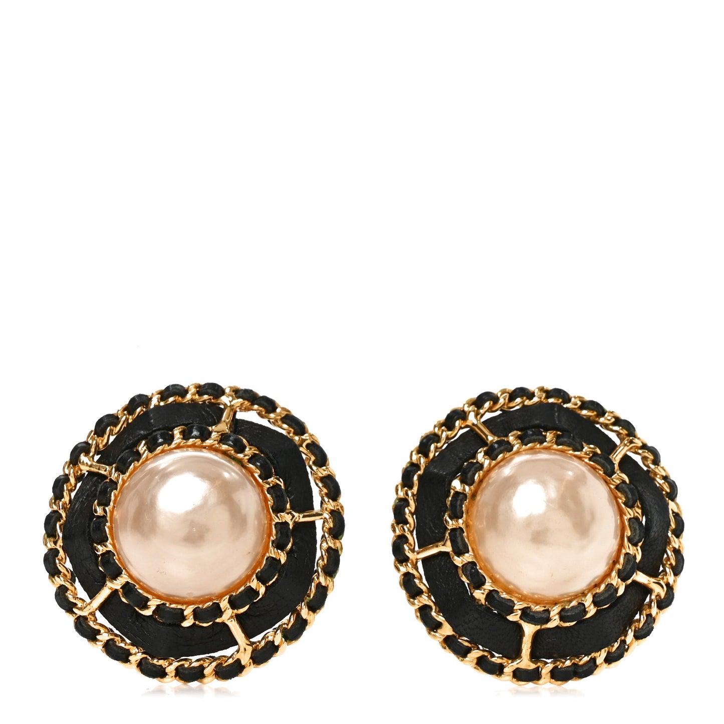 Lambskin Lambskin Pearl Round Clip On Earrings Gold Black
