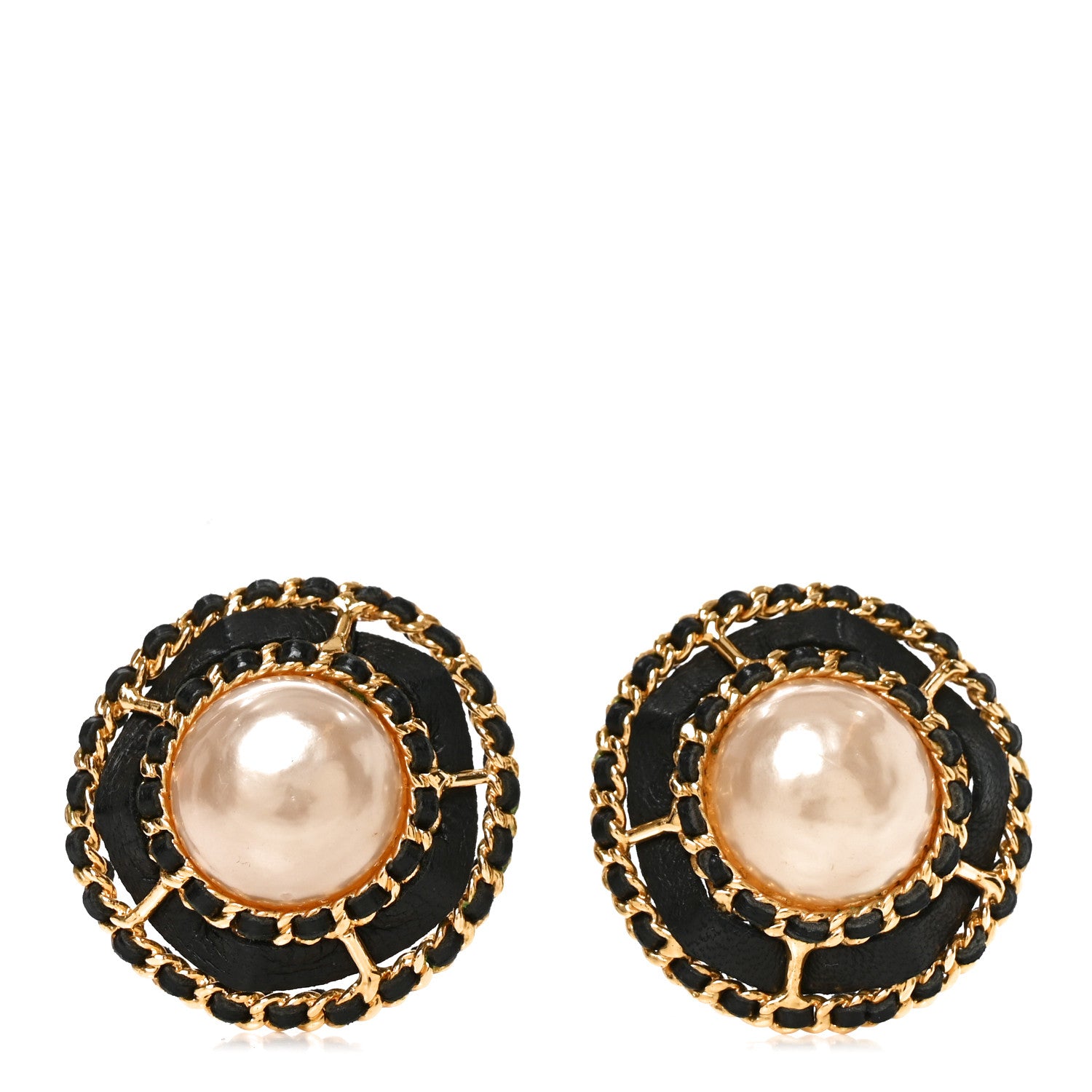 Chanel Lambskin Lambskin Pearl Round Clip On Earrings Gold Black 1 of 4