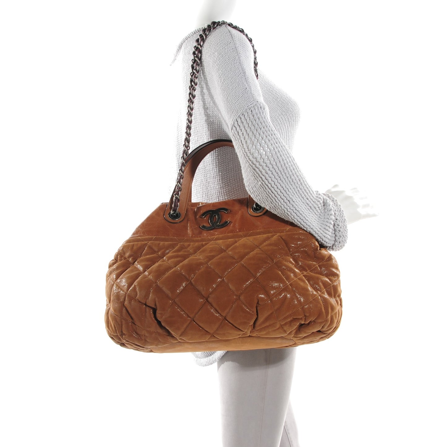 Iridescent Calfskin Quilted Large In The Mix Tote Light Brown