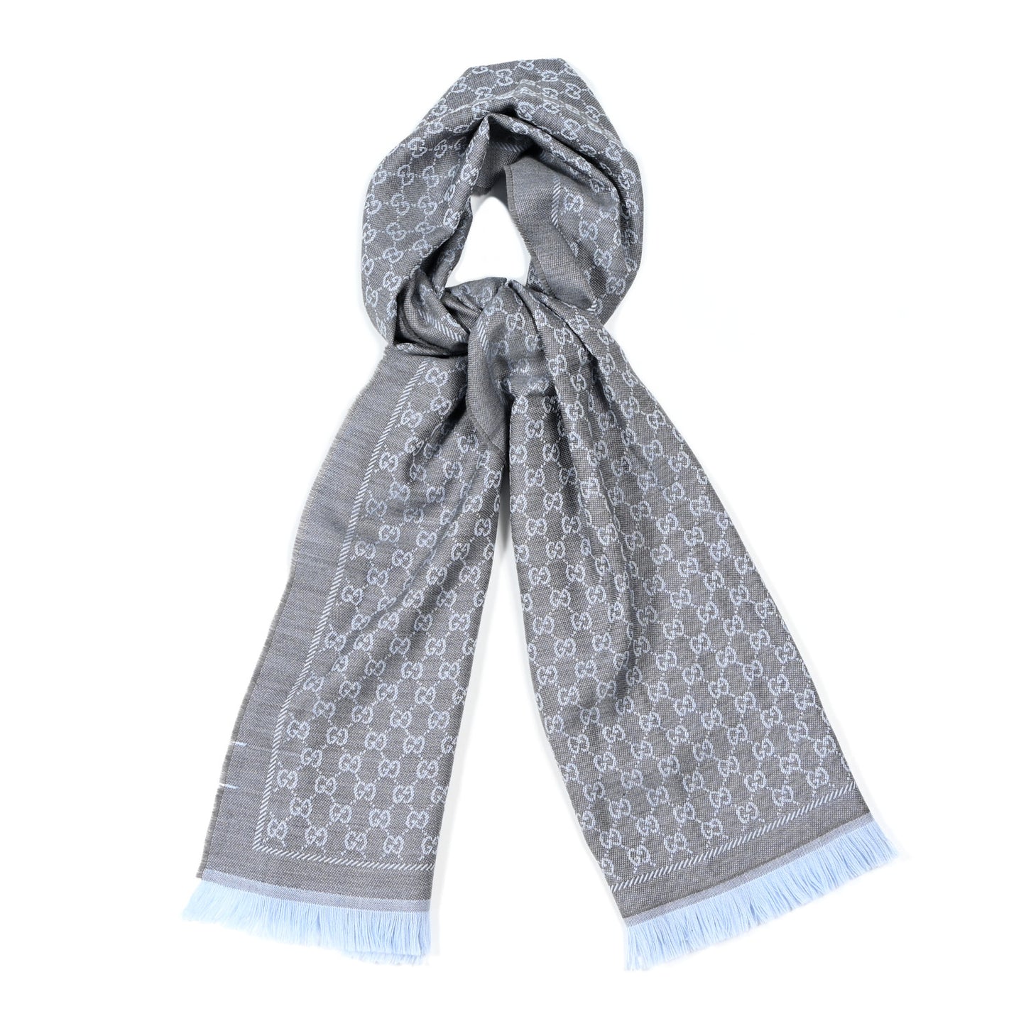Wool GG Monogram Reversible New Sten Fringe Scarf Flannel Sky Blue