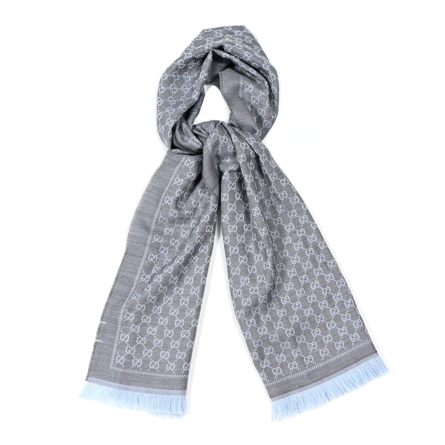Gucci Wool GG Monogram Reversible New Sten Fringe Scarf Flannel Sky Blue 1 of 5