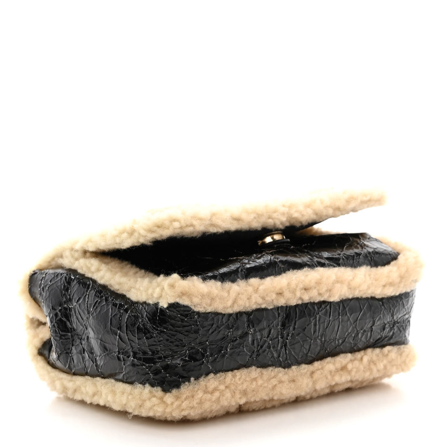 Shiny Crumpled Sheepskin Shearling CC Mania Flap Bag Black Beige