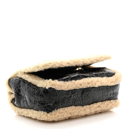 Chanel Shiny Crumpled Sheepskin Shearling CC Mania Flap Bag Black Beige 4 of 14