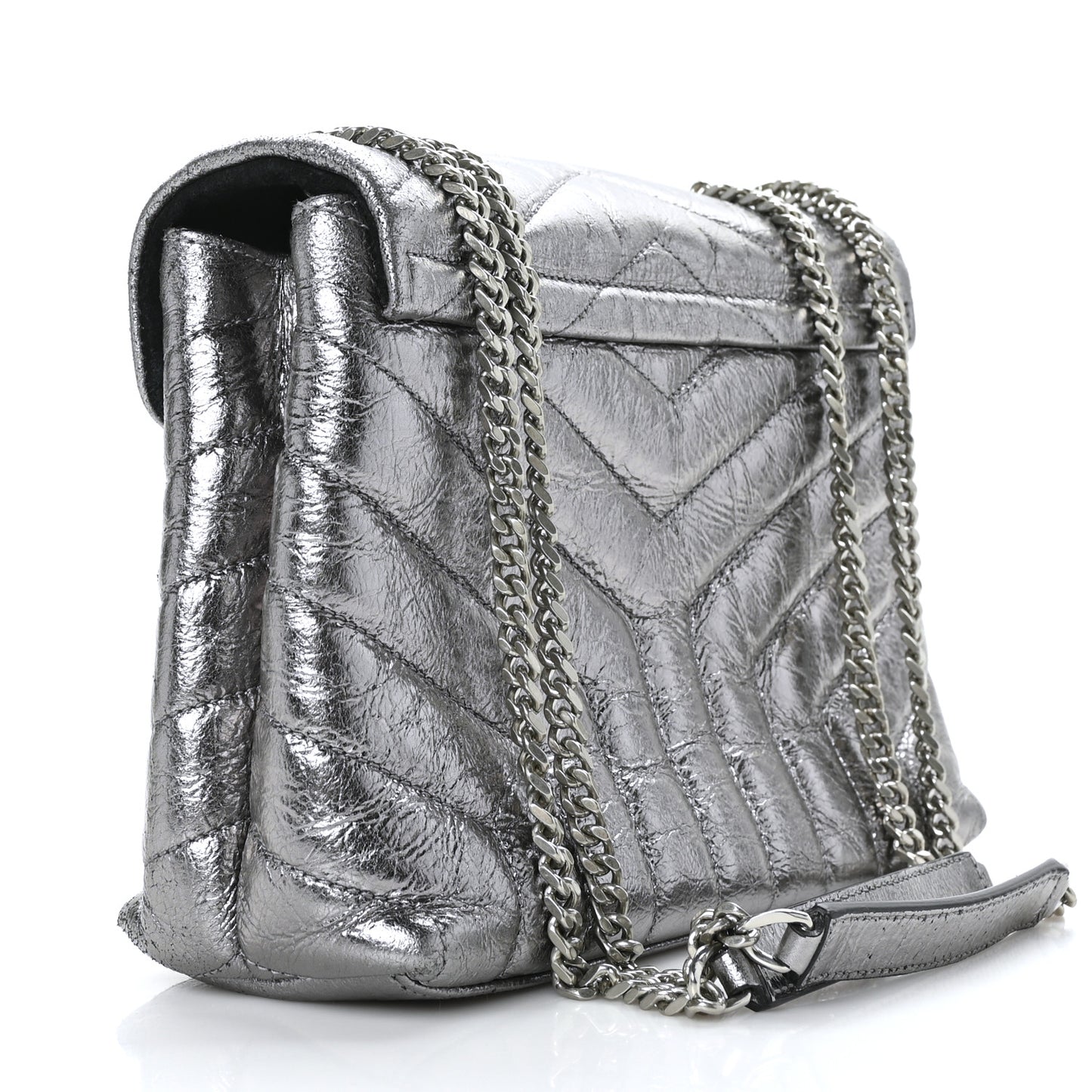 Metallic Calfskin Y Quilted Monogram Small Loulou Chain Satchel Acciaio