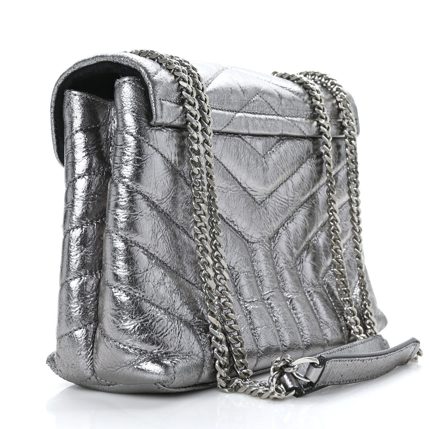 Saint Laurent Metallic Calfskin Y Quilted Monogram Small Loulou Chain Satchel Acciaio 3 of 11
