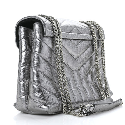 Saint Laurent Metallic Calfskin Y Quilted Monogram Small Loulou Chain Satchel Acciaio 3 of 11