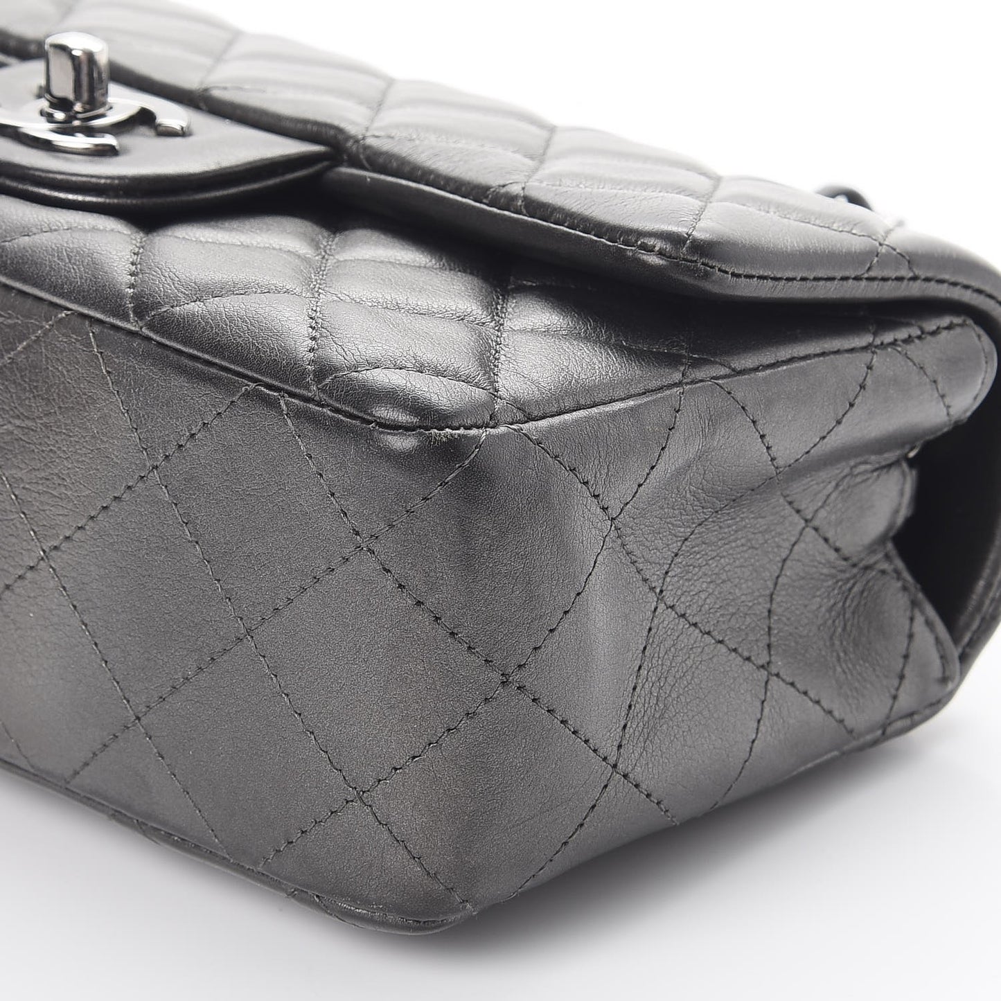 Metallic Lambskin Quilted Mini Rectangular Flap Dark Grey