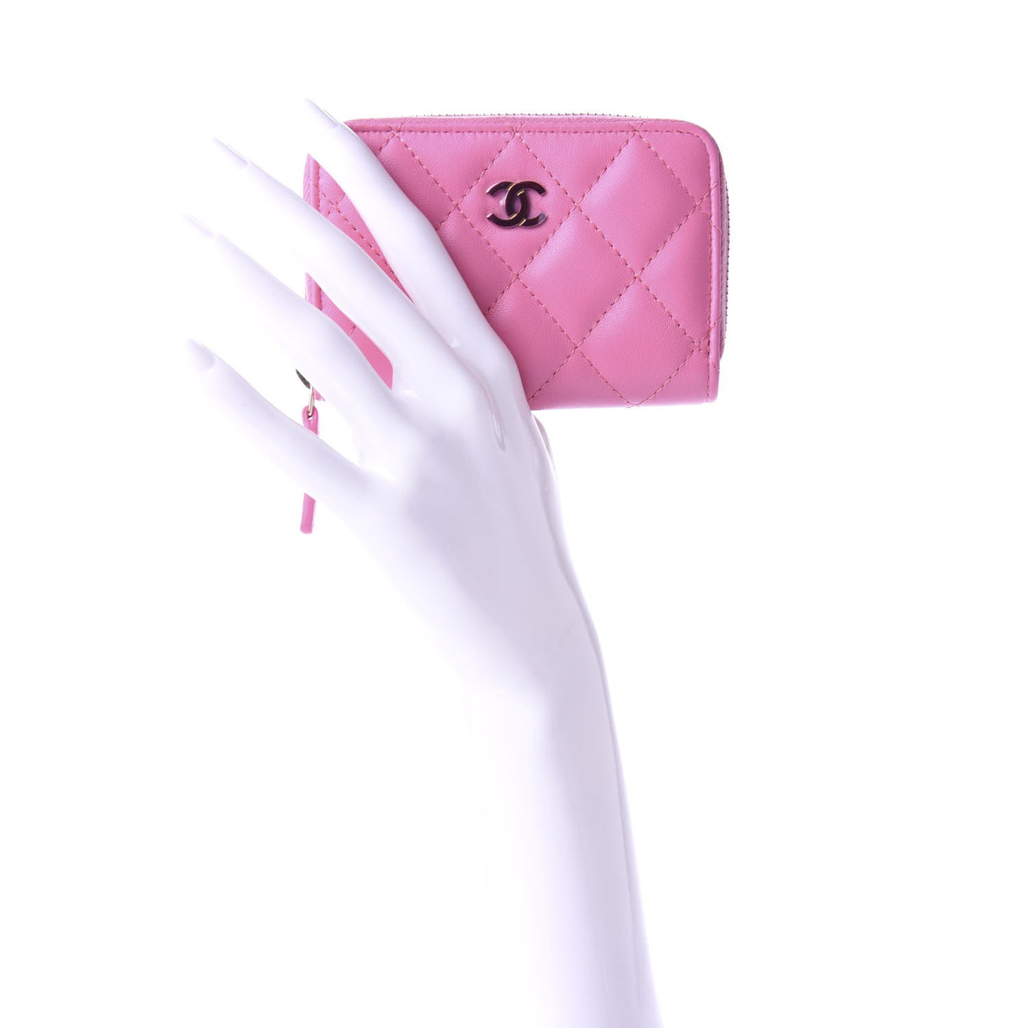 Lambskin Quilted Zip Around Coin Purse Wallet Pink Yellow