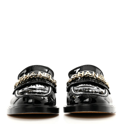 Chanel Shiny Calfskin Logo Loafers 36.5 Black 2 of 10