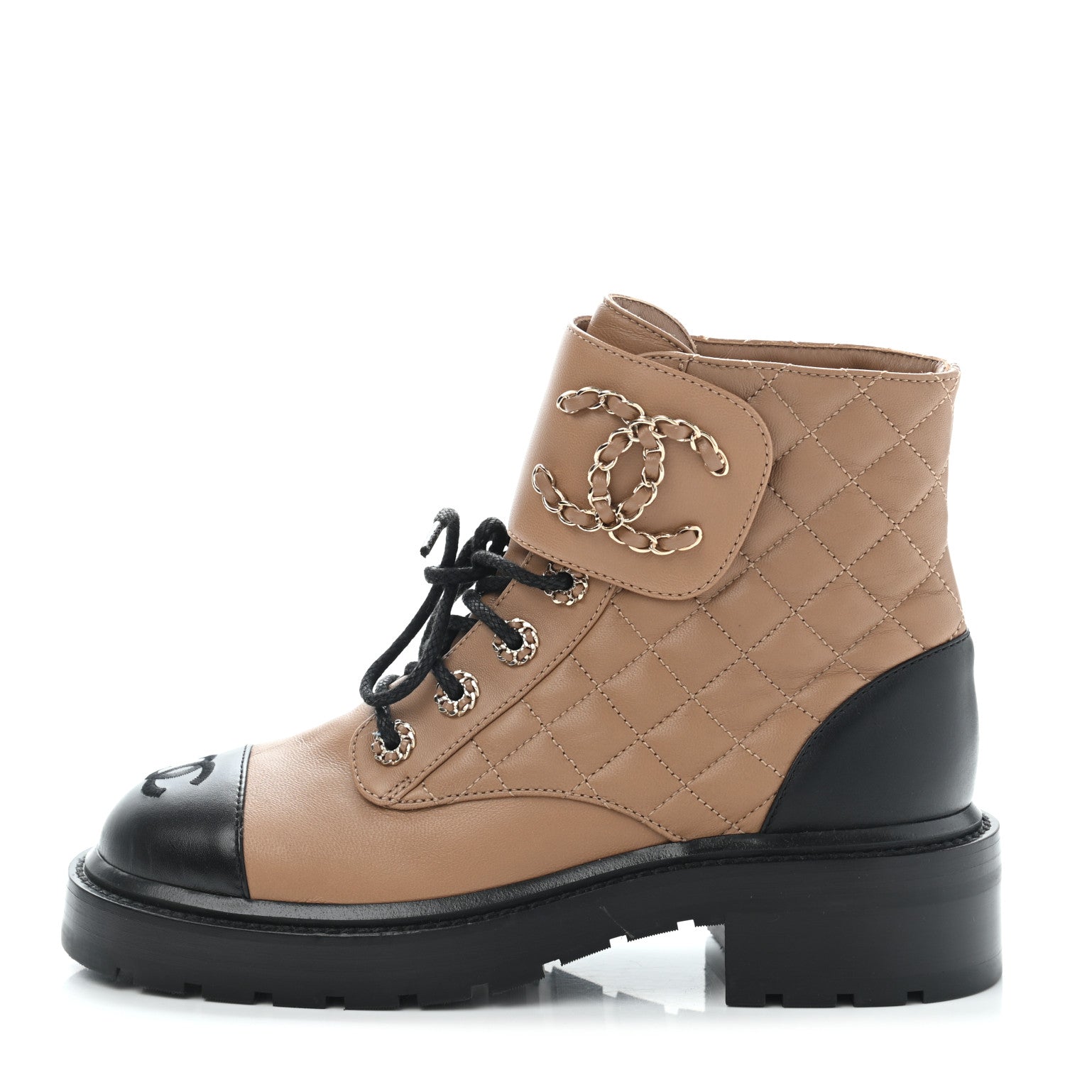 Chanel Lambskin Calfskin Quilted Lace Up Combat Boots 36 Beige Black 1 of 10