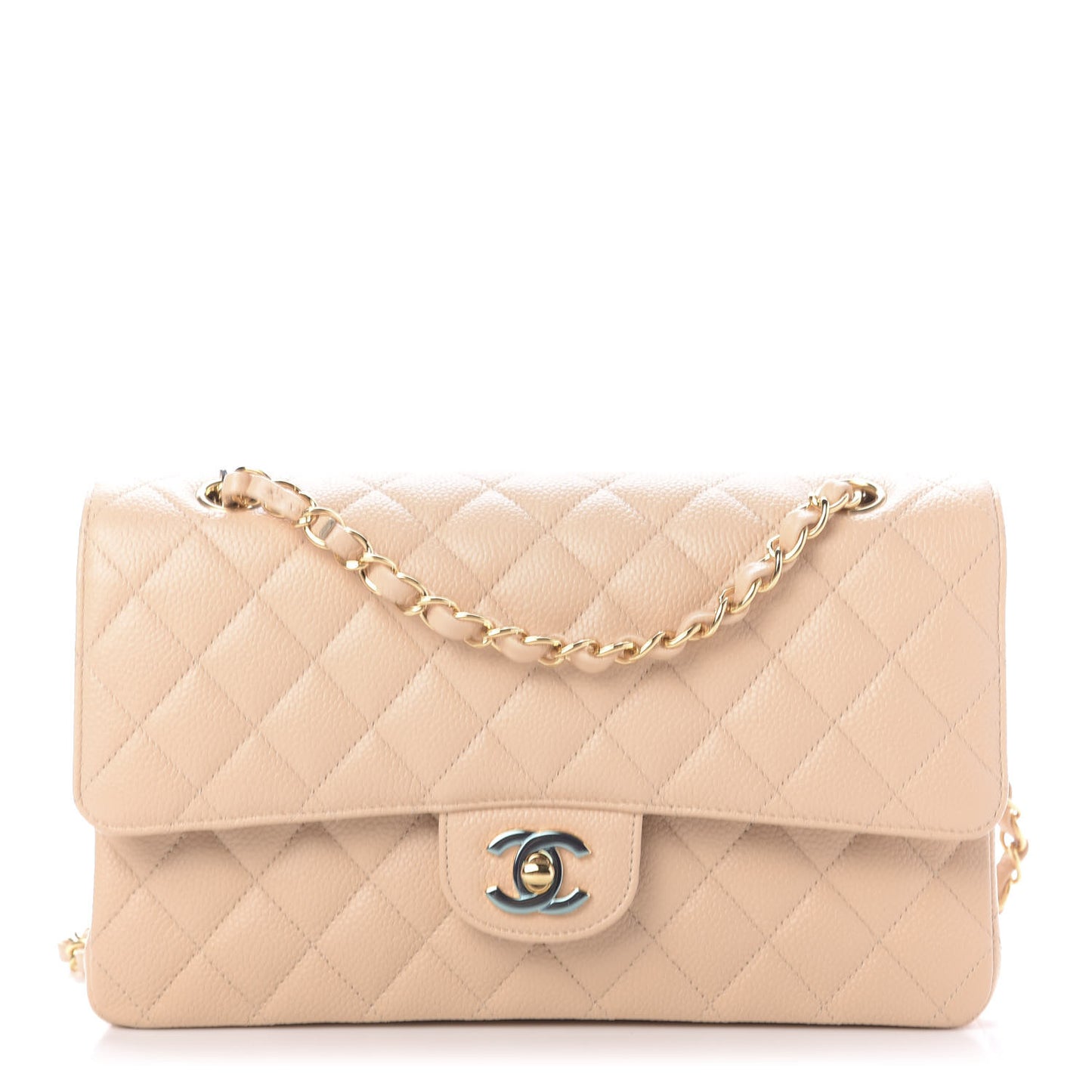 Caviar Quilted Medium Double Flap Beige