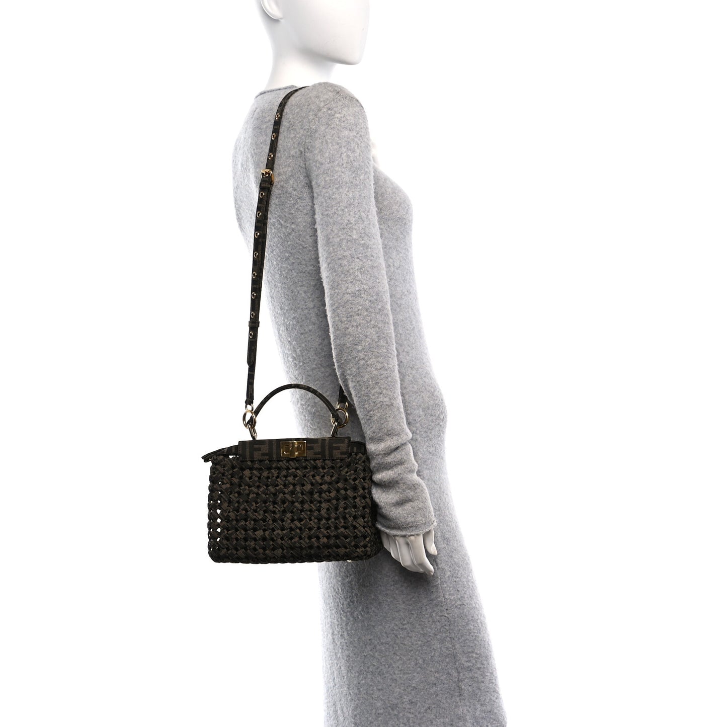 Fabric Jacquard FF 1974 Woven Knotted Mini Peekaboo Iconic Satchel Tobacco Moro