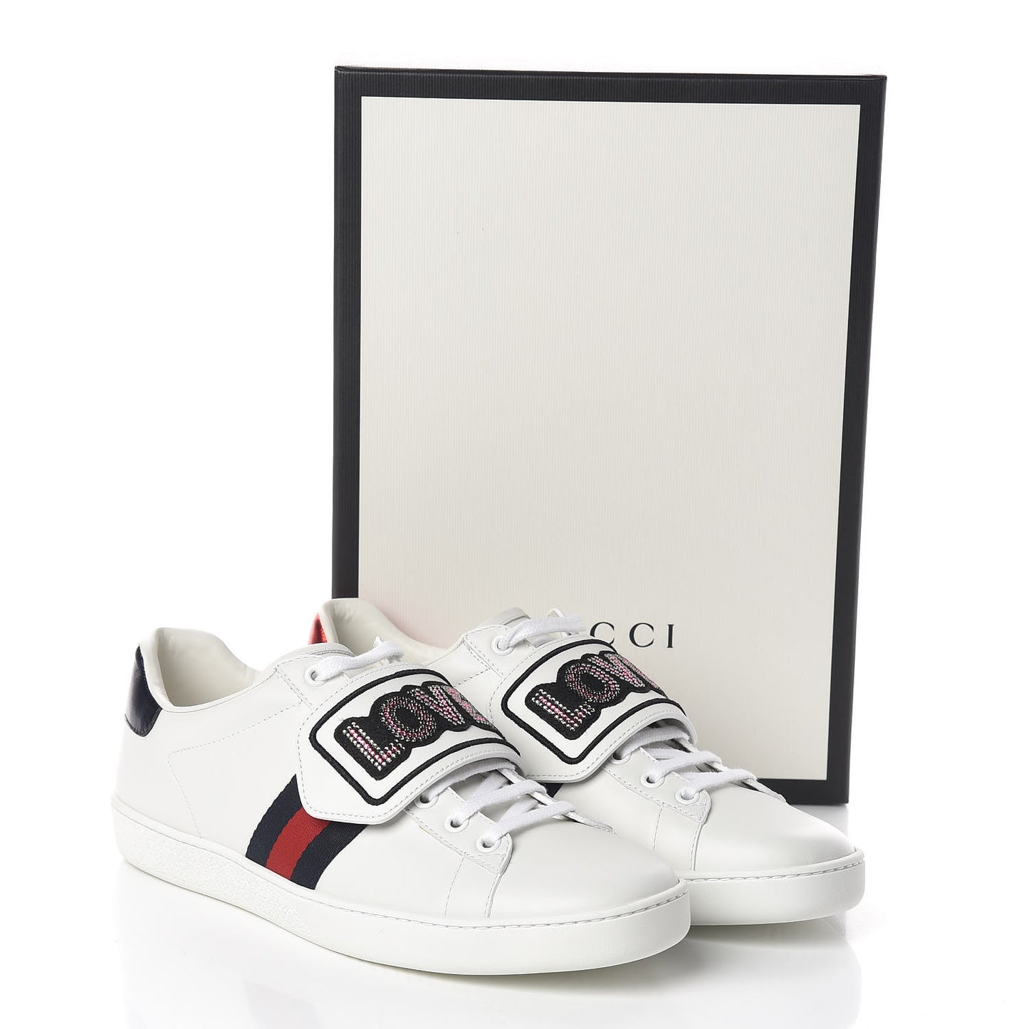 Calfskin Crystal Web LOVED Embroidered Womens Ace Sneakers 39.5 White