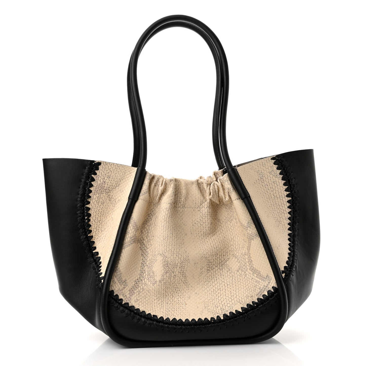 Calfskin Snakeskin Embossed Large Ruched Tote Beige Black