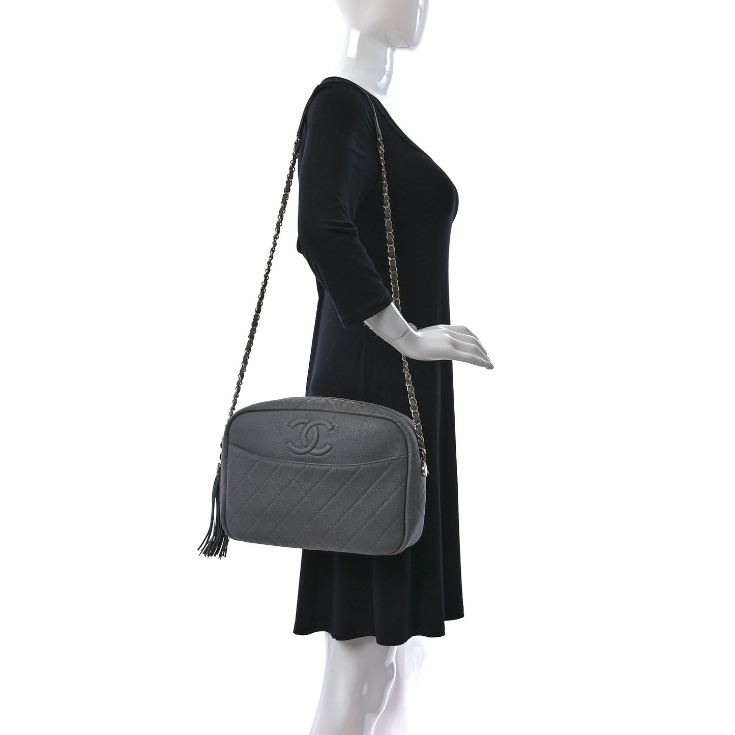 Caviar Quilted Large Coco Tassel Camera Case Grey