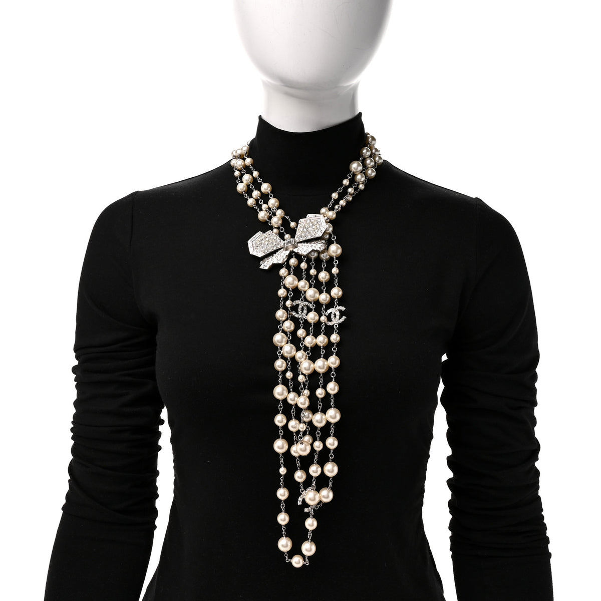 Chanel Crystal Pearl CC Butterfly Necklace Silver 2 of 4