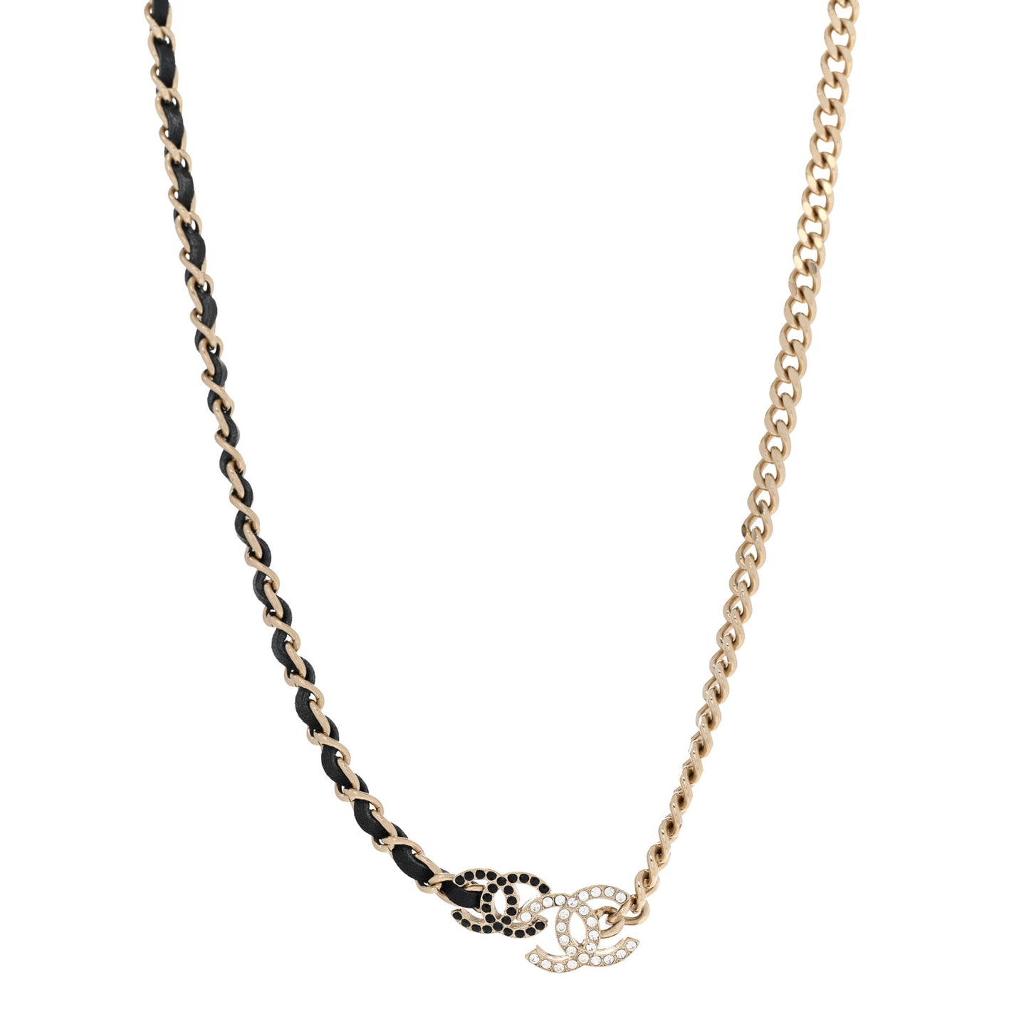 Metal Calfskin Crystal Double CC Short Necklace Black Gold