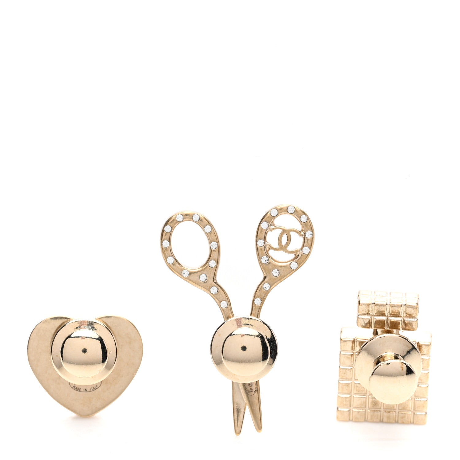 Chanel Metal Strass Crystal Quilted CC Heart Scissors Perfume Brooch Set Gold 3 of 4