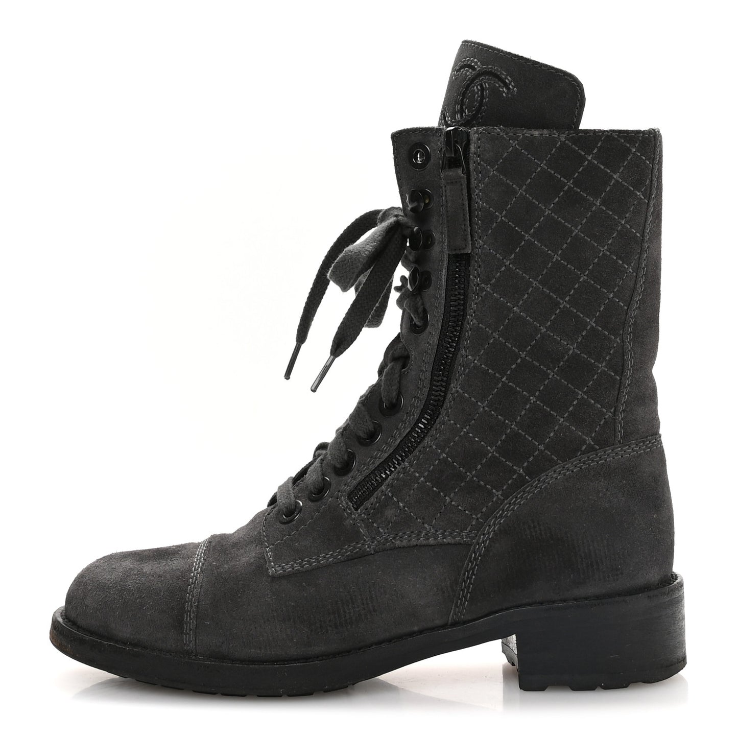 Suede Quilted CC Tall Lace Up Combat Boots 38 Grey