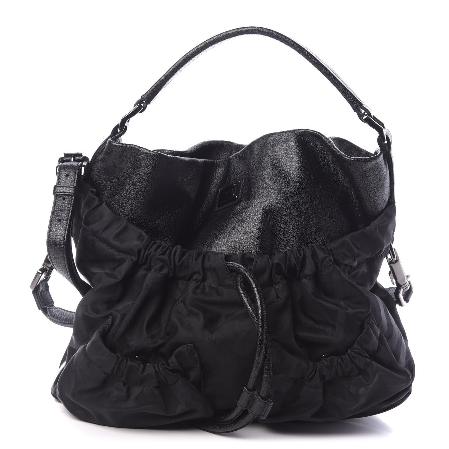 Calfskin Nylon Beat Check Shoulder Bag Black