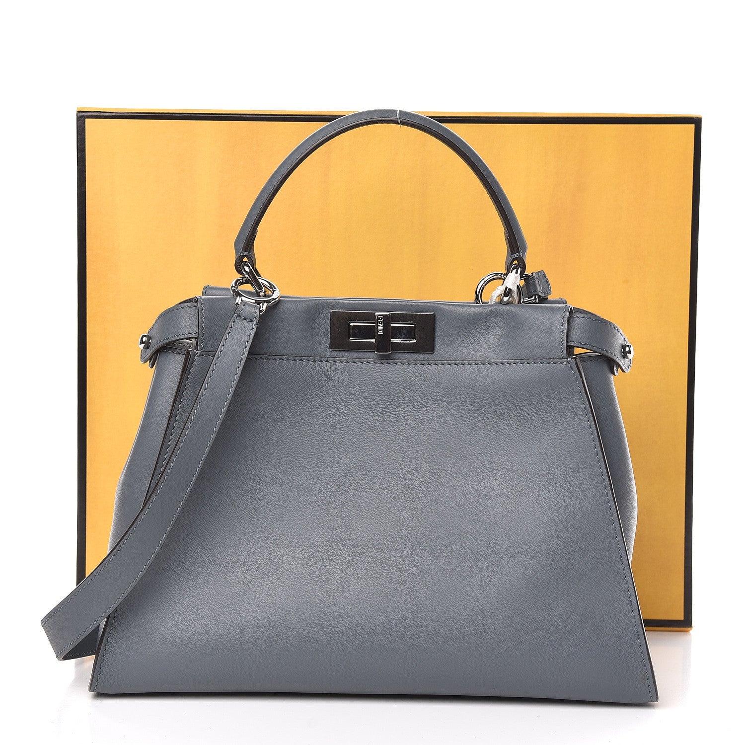 Fendi Vitello Seta Shiny Nappa Medium Peekaboo Iconic Satchel Tempesta Grigio Perla 13 of 13