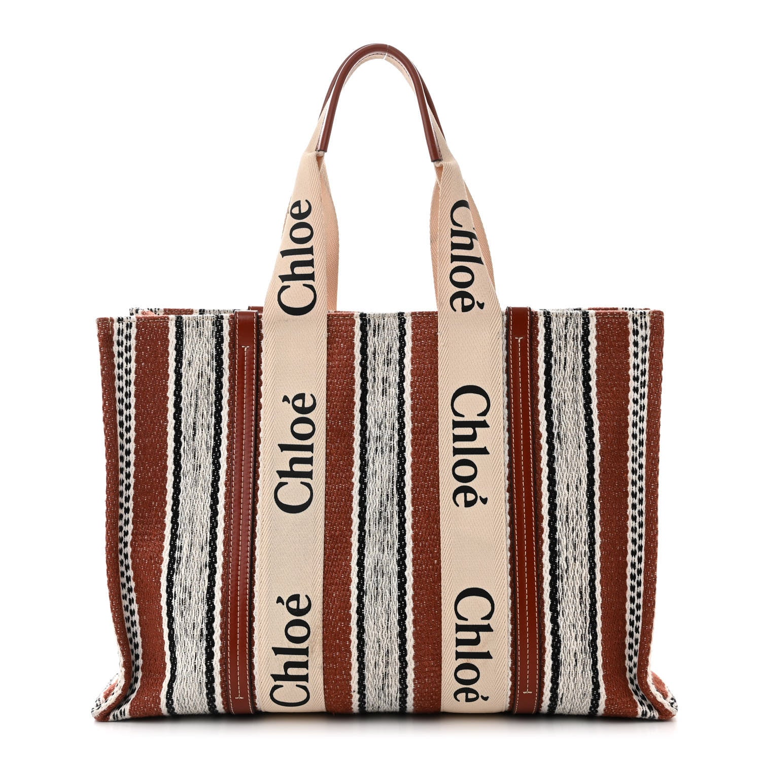 Chloe Woven Linen Large Woody Striped Ribbon Tote Sepia Brown 1 of 14
