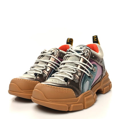 Gucci X SEGA Metallic Calfskin Mesh Womens Flashtrek Sneakers 37 Rame Mystic White Lago 3 of 8