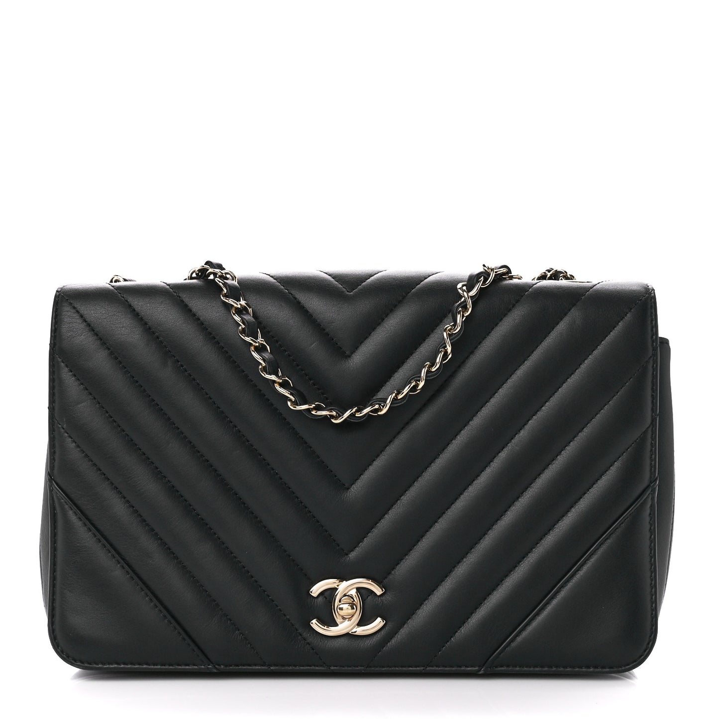 Calfskin Chevron Quilted Medium Statement Flap Black