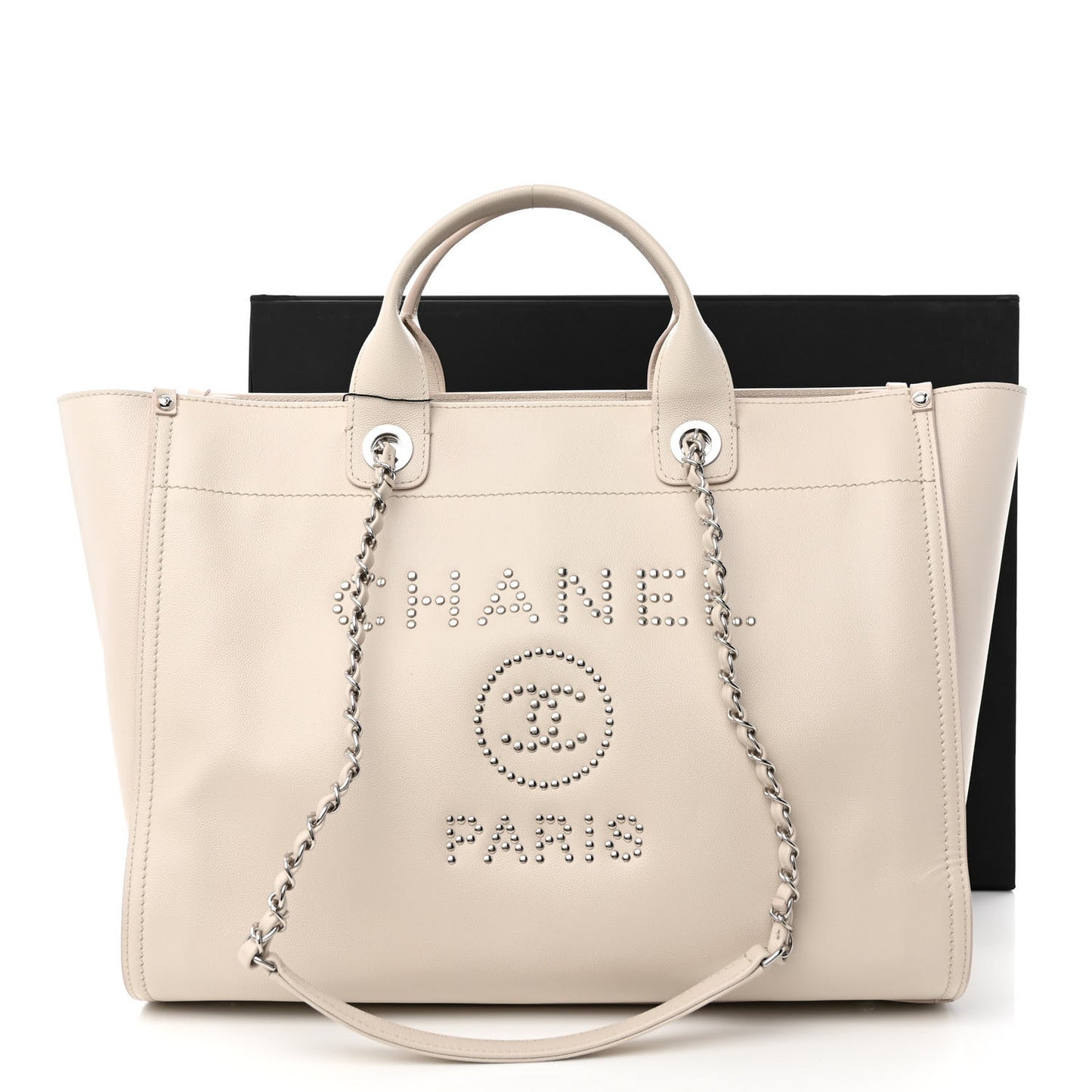 Caviar Medium Studded Deauville Tote Ivory