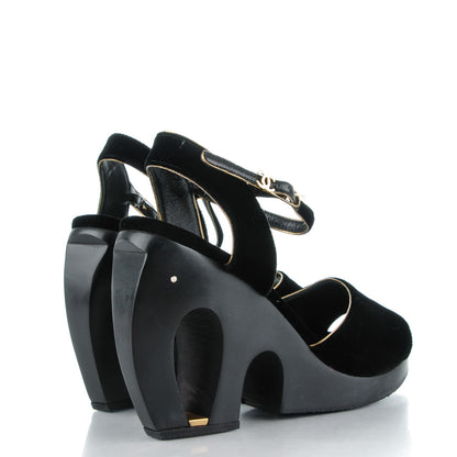 Chanel Velvet Wedge Platform Sandals 39 Black 4 of 8