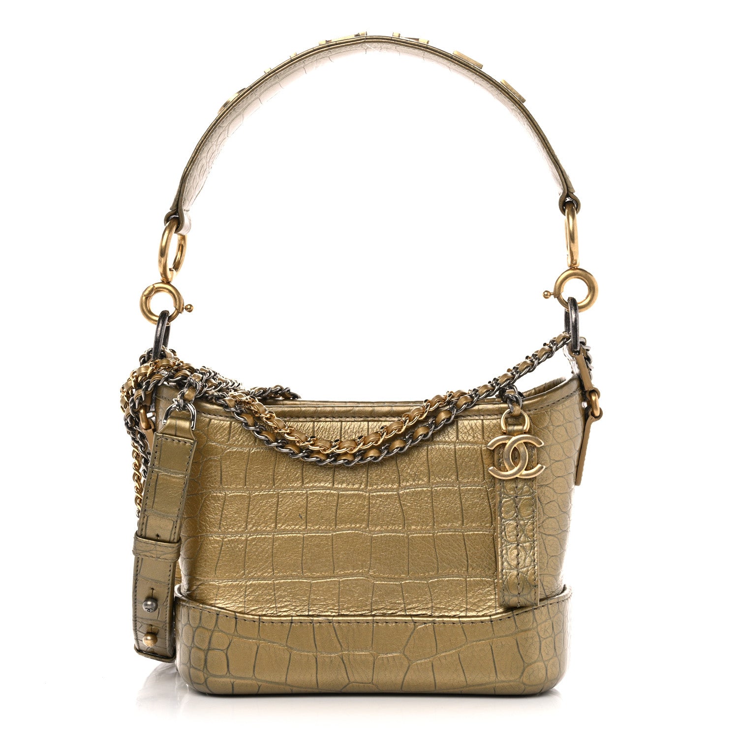 Chanel Metallic Calfskin Crocodile Embossed Cocodile Small Gabrielle Hobo Gold 1 of 12