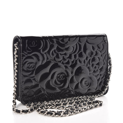 Chanel Patent Camellia Embossed Wallet On Chain WOC Black 3 of 11