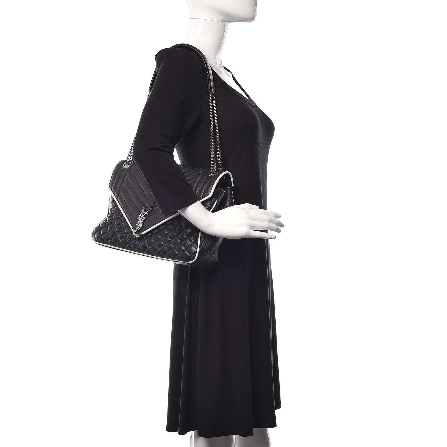 Saint Laurent Calfskin Mixed Matelasse Triquilt Large Monogram Envelope Satchel Black White 2 of 11