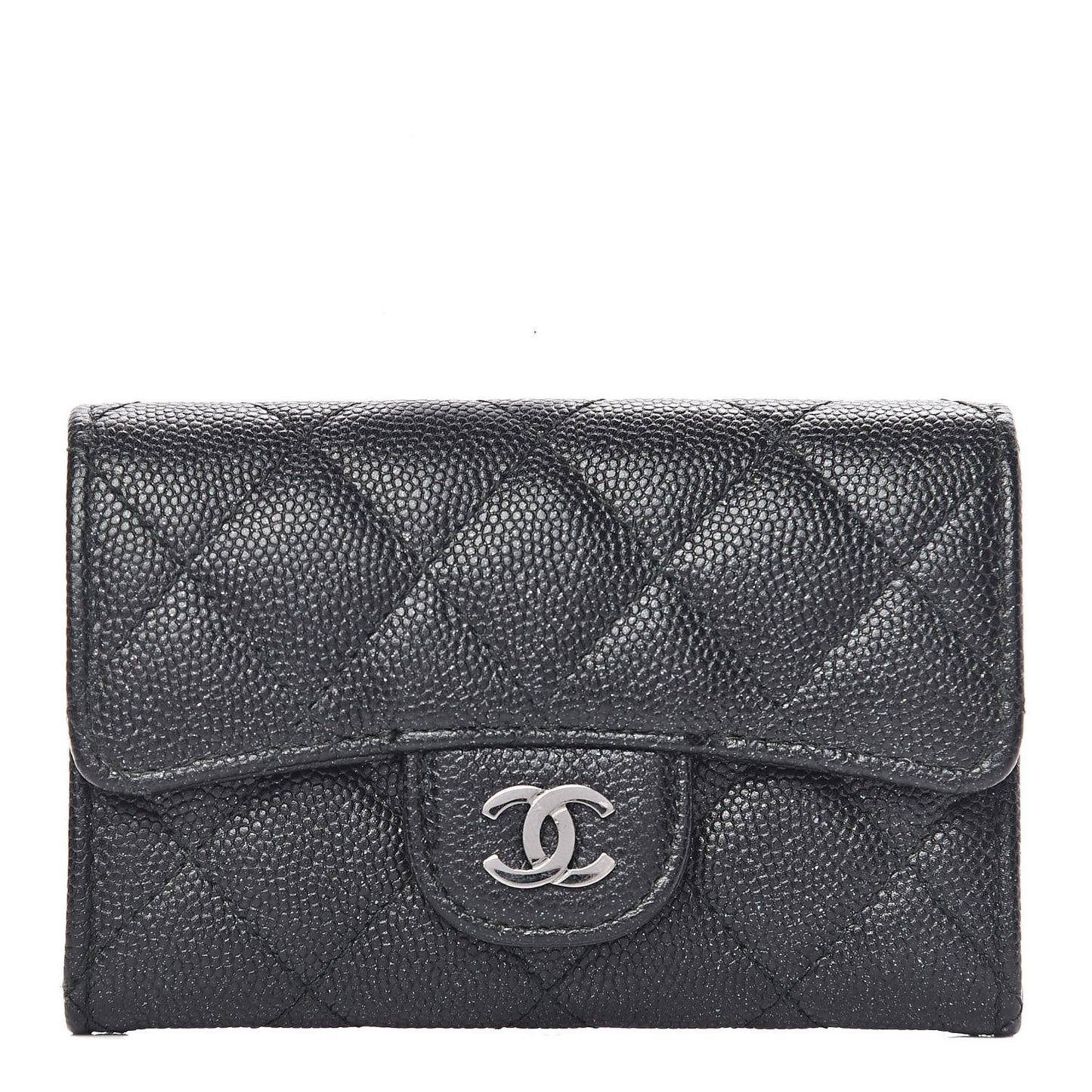 Iridescent Caviar Flap Quilted Card Holder Black