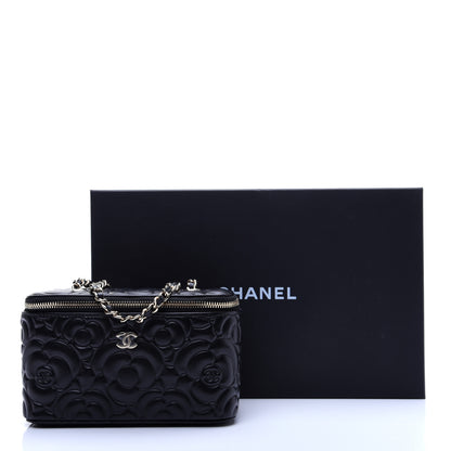Chanel Lambskin Camellia Embossed Small Vanity Case With Chain Black 14 of 14