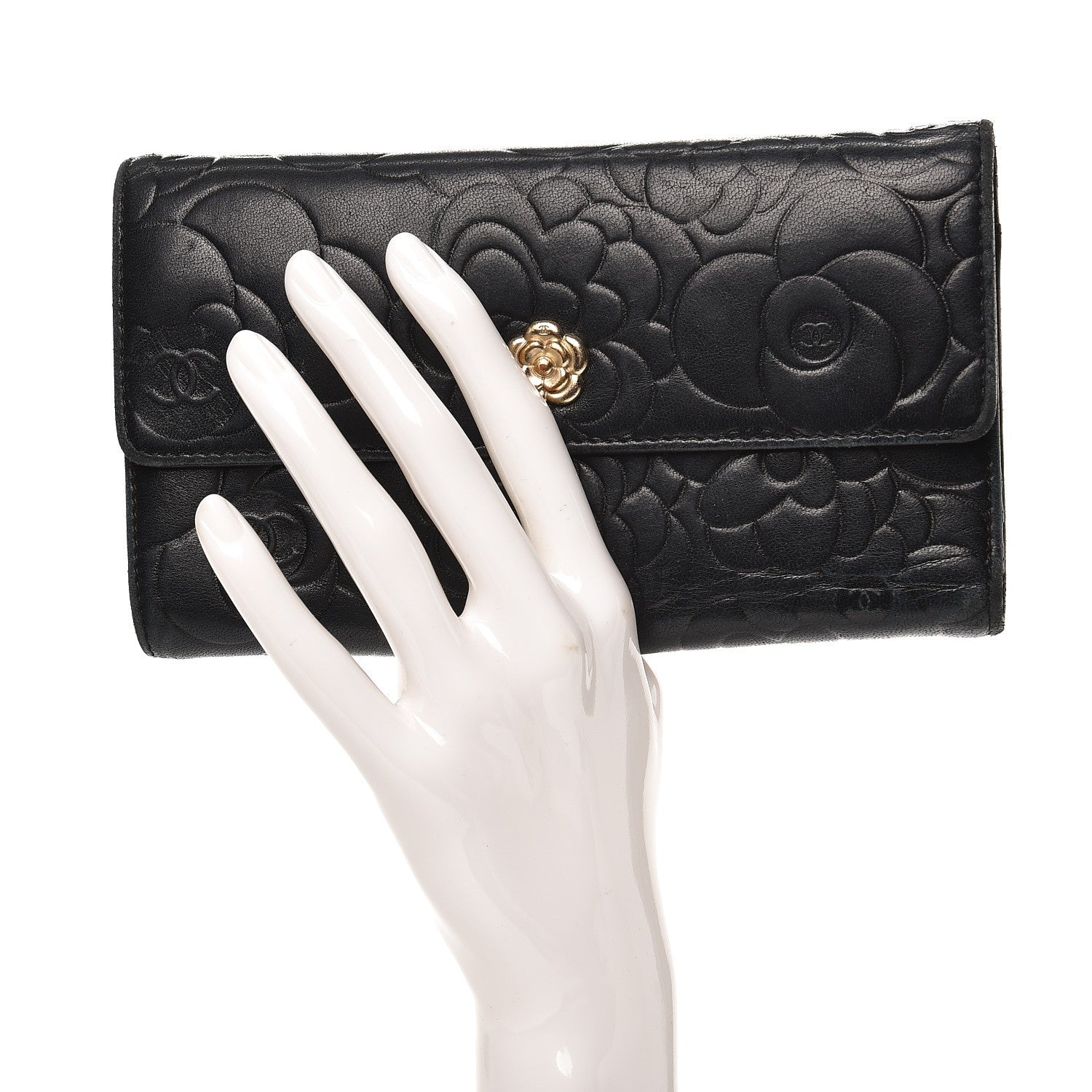 Chanel Lambskin Embossed Camellia Flap Wallet Black 2 of 15