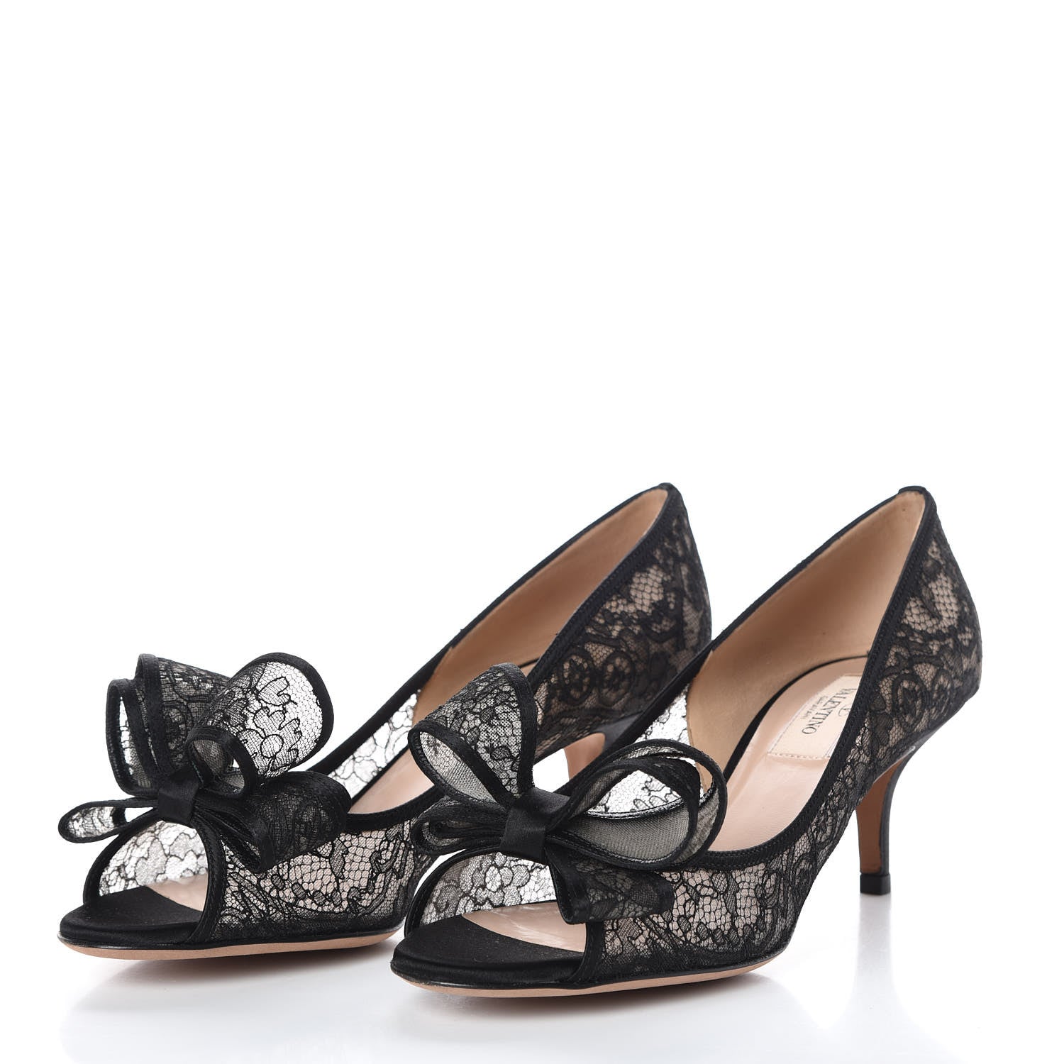 Valentino Garavani Satin Lace Couture Bow Peep Toe Low Heel Pumps 37.5 Black 2 of 8