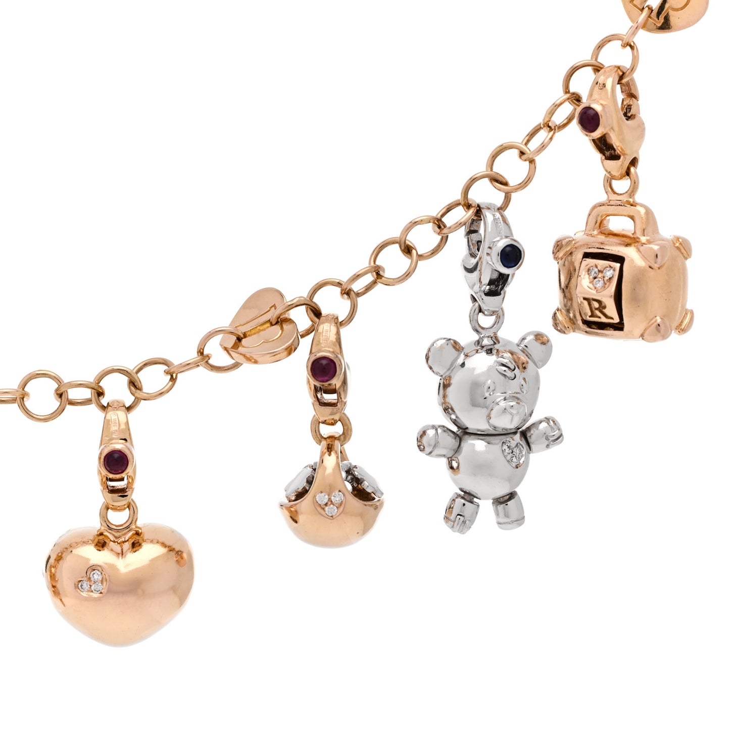18K Rose White Gold Ruby Blue Sapphire Diamond 8 Charm Bracelet
